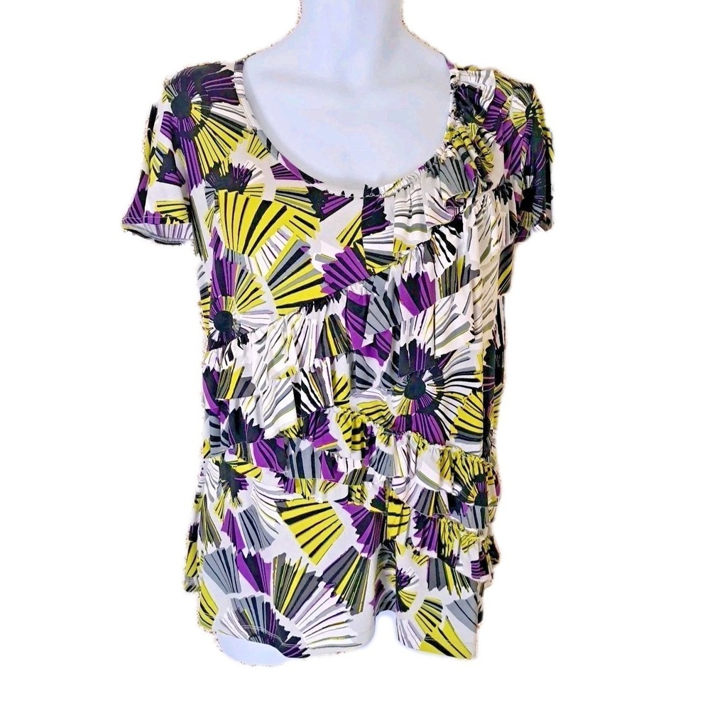 Worthington Popover Top 3X Purple‎ Abstract Flutter Sleeve Stretch Ruffled Artsy
